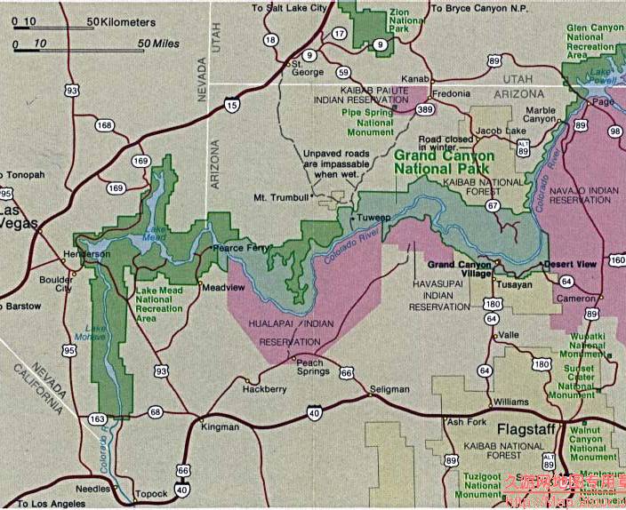 美国Arizona州大峡谷公园交通图,美国地图高清中文版