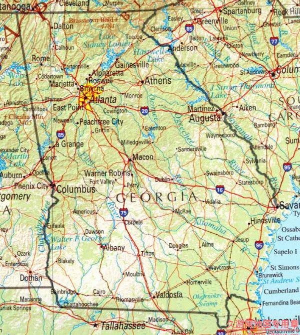 美国佐治亚州地形交通地图