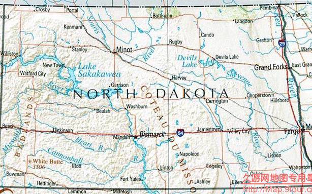 美国North Dakota州地形交通图