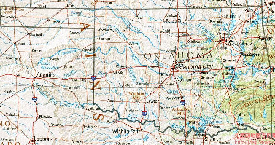 美国Oklahoma州地形交通图